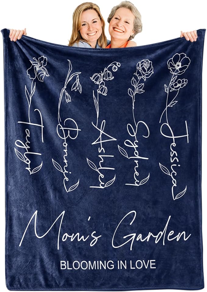Ships Next Day, Personalized Christmas Mom Blanket Gift, Custom Blanket with Kids Name and Birth Month Flowers, Birthday Gifts for Mom from Daughter Son, Personalized Gifts for Grandma,Wife