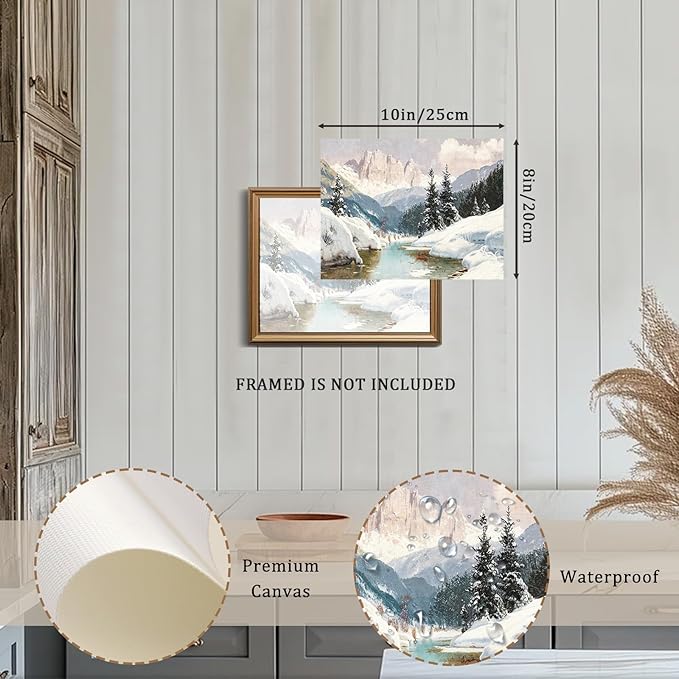 XOCUUI Vintage Unframed Canvas Wall Art, Snow Stream River Tree Cloud Winter Christmas Wall Art, Farmhouse Landscape Art Hanging Paintings for Living Room Bathroom Bedroom,8x10in