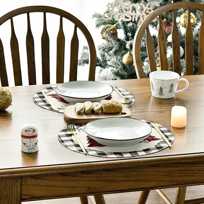 Artoid Mode Waterclor Buffalo Plaid Christmas Trees Merry Xmas Round Placemats Set of 12, 14 Inch Seasonal Winter Round Table Mats for Dining Decoration