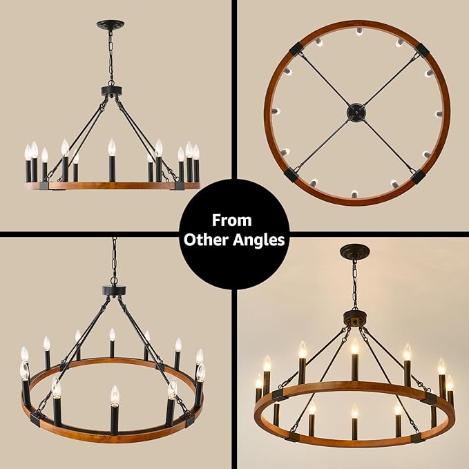 32'' Solid Wood Wagon Wheel Chandelier, 12-Light Farmhouse Chandeliers for Dining Room, Round Rustic Light Fixtures for Foyer Living Room Kitchen Island Entryway, E12