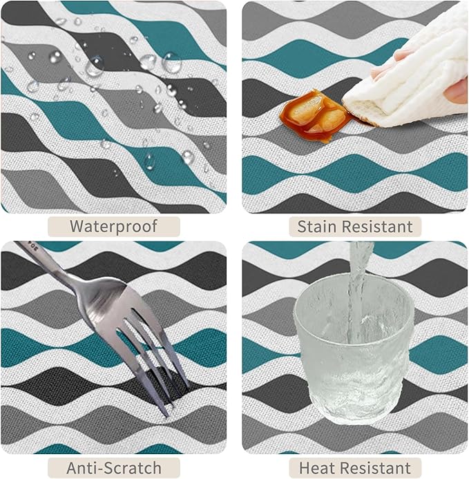 70x108inches Teal Turquoise Grey Table Cloth Mid Century Geometric Stripes Tablecloth Spill Proof Washable Polyester Table Cover for Farmhouse Living Room Dining Room Kitchen Cafe Party Decor