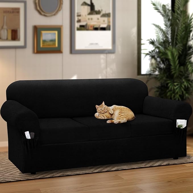 Sofa Slipcover with Armrest Pockets 4-Piece Set, Stretch Faux Leather Extra Large Couch Covers for 3-Cushion Couches(Fits 98-112") - Machine Washable, Pet & Kid Friendly - Black