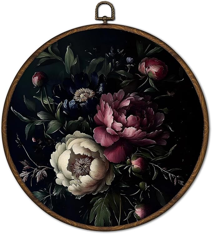 cvjutf Moody Peony Floral Wall Art Decor Framed, Vintage FLower Botanical Round Wall Decor, Dark Academia Peony Floral Canvas Prints Art for Living Room Bathroom Gallery, 10x10 Inch