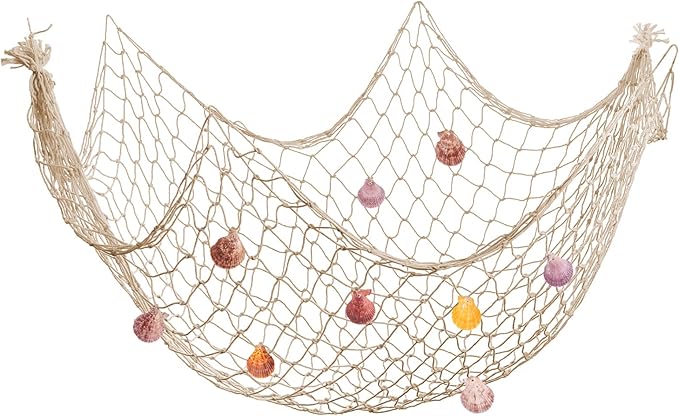 Fish Net Wall Decor with Shells - Fishing Net Decorative Nautical Mediterranean Style Cotton Photo Hanging Display Frame for Christmas Birthday Party Decorations Ornaments 79 x 40 Inch