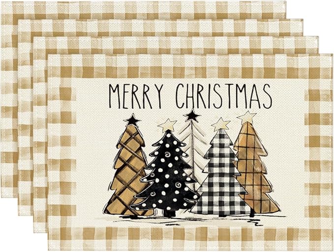 Artoid Mode Watercolor Brown Buffalo Plaid Christmas Trees Placemats Set of 4, 12x18 Inch Winter Table Mats for Party Kitchen Dining Decoration