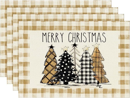 Artoid Mode Watercolor Brown Buffalo Plaid Christmas Trees Placemats Set of 4, 12x18 Inch Winter Table Mats for Party Kitchen Dining Decoration