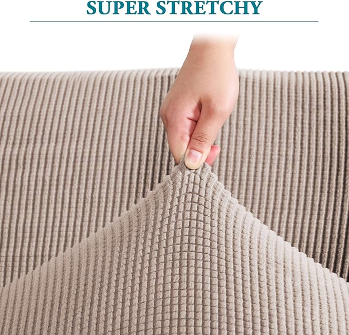 Flamingo P High Stretch Sofa Slipcover Non Slip Couch Cover for 3 Cushion Couch Washable Pet Furniture Protector Covers with Elastic Bottom, Thick Jacquard Fabric (Large, Sand)