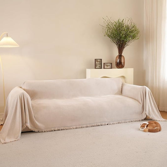 Couch Cover - Soft Chenille Boho Herringbone Textured Sofa Throw Cover for Pets, Kids (Light Khaki, XX-Large, 71" x 150")