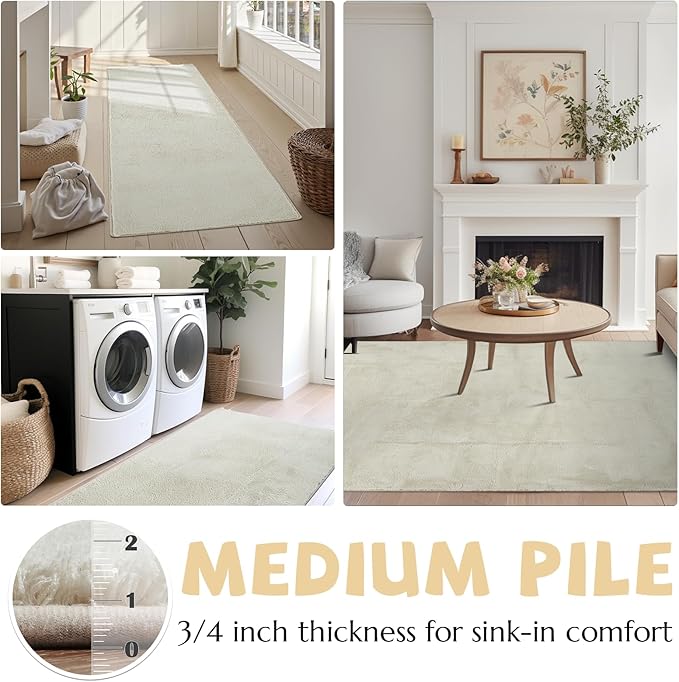 jinchan Solid Plush Area Rug 3x5 Performance Shaggy Washable Rug Indoor Soft Modern Faux Wool Cozy Non Slip Carpet for Living Room Kids Room Bedroom Dining Room Nursery Ivory