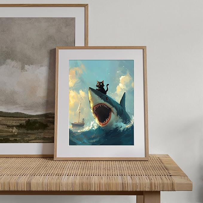 XOCUUI Cat Riding Shark Canvas Funny Cat Canvas Animal Decor Funny Shark Picture Coastal Theme Artwork Animal Prints Abstract Fish Picture Black cat Painting For Lover 8x10 - Unframed