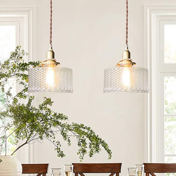 Vintage Pendant Light Fixtures, Brass Socket with ON/Off Switch and Green Glass Lamp Shade Pendant Light for Kitchen Island Farmhouse Living Room (Transparent,Scaly)
