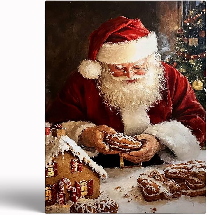 Christmas Gingerbread House and Santa Wall Art Print,Vintage Cozy Christmas Kitchen Wall Paintings for Kitchen Home Decor