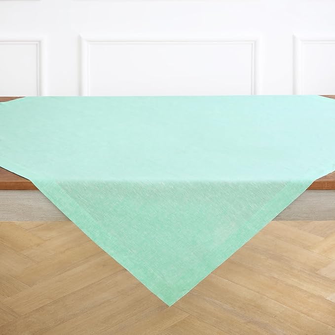 Solino Home Linen Cloth Tablecloth 52 x 52 Inch - 100% Pure Linen Chambray Aqua Square Tablecloth - Athena, Machine Washable Table Throw for Thanksgiving