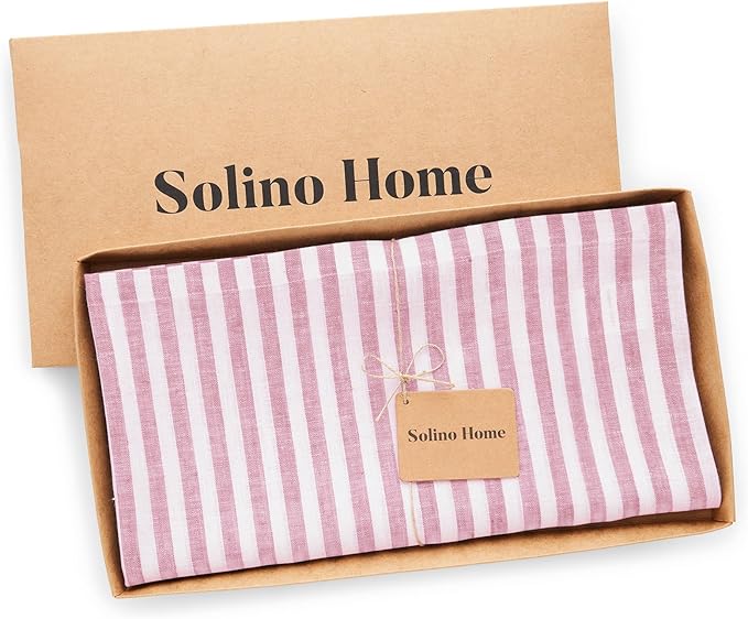Solino Home Linen Striped Tablecloth 52 x 52 Inch - 100% Pure Linen Cherry Blossom and White Square Table Throw - Amalfi Stripe, Machine Washable Tablecloth