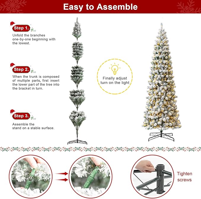 Glitzhome 11ft Prelit Artificial Christmas Tree, Flocked Pencil Christmas Tree with 700 Warm White/Multi-Color Lights, Remote Controlled Slim Pine Christmas Tree with Lights for Indoor Holiday Decor