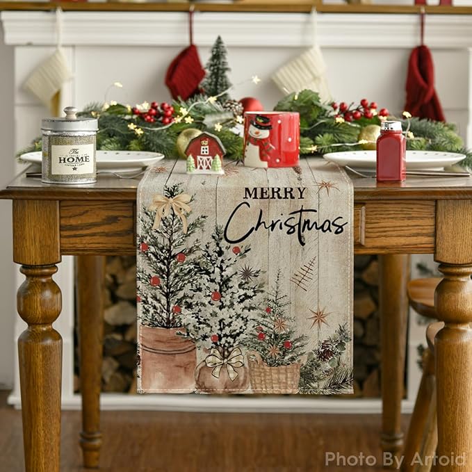 Artoid Mode Xmas Trees Holly Pine Cone Christmas Table Runner, Seasonal Winter Wood Kitchen Dining Table Decoration for Home Party Decor 13x90 Inch