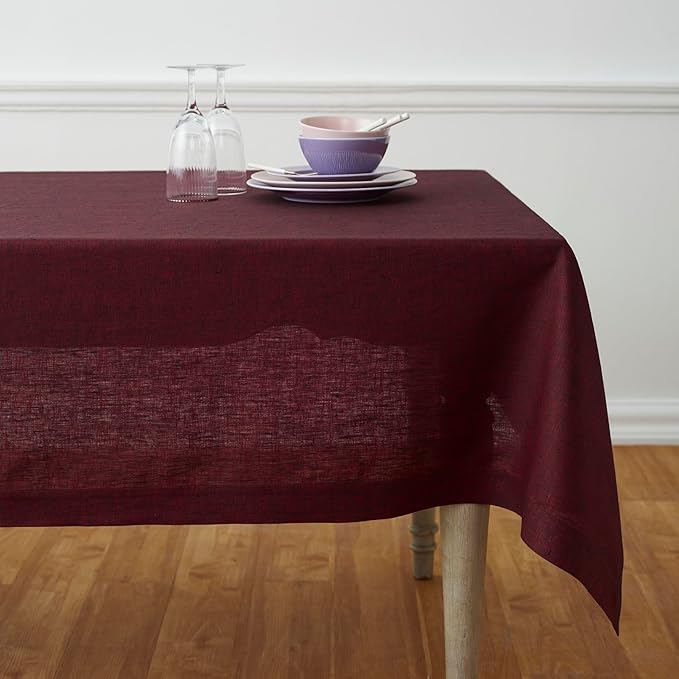 Solino Home Linen Tablecloth 60 x 132 Inch - 100% Pure Linen Red Garnet Table Cloth for Rectangle Tables - Athena, Machine Washable Tablecloth for Fall, Autumn, Thanksgiving, Christmas, Winter