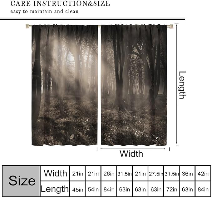 Gothic Forest Blackout Curtains, Forest Scenery Sunbeams Foggy Vintage Colors Fantasy Art Print Window Drapes, for Living Room Bedroom 26(W)*84(L) 2 Panels