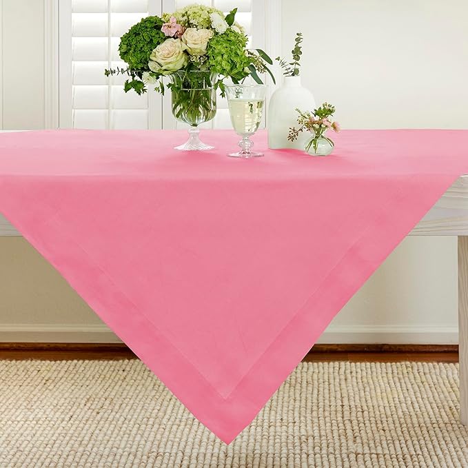 Solino Home Linen Tablecloth 52 x 52 Inch - 100% Pure Linen Pink Carnation Square Tablecloth - Fete, Machine Washable Table Throw