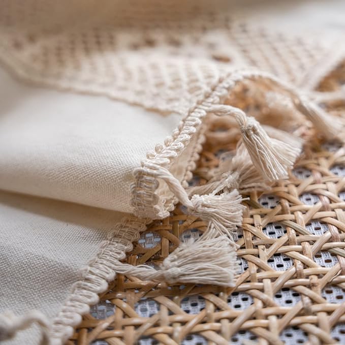 Sutuo Home Boho Curtain Crochet Lace Patchwork Semi-Blackout Bohemian Handmade Tassels, Rod Pocket Window Treatment Vintage Rustic Farmhouse Drapes for Living Bedroom, 1 Panel 59" W x 63" L, Beige