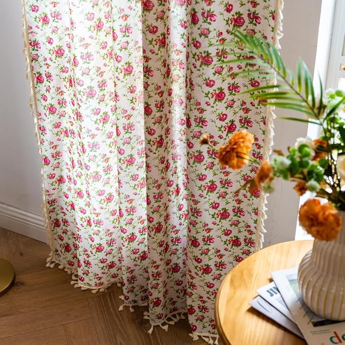 OYX Boho Curtains 84 Inch Length 2 Panels for Living Room, Bedroom Light Filtering Drapes, Farmhouse Vintage Country French Rustic Tassels Pattern Rod Pocket Aesthetic Decor Window Treatments