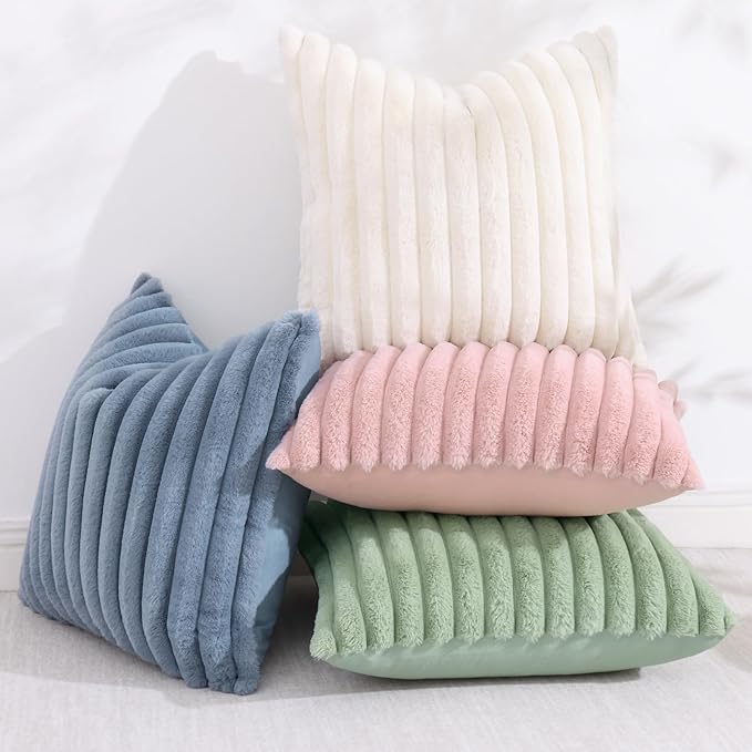 decorUhome Faux Fur Christmas Throw Pillow Covers 26x26 Set of 2, Decorative Soft Plush Striped Neutral Couch Euro Pillow Covers with Velvet Back for Sofa, Bed, Living Room Home Decor, Grey Blue
