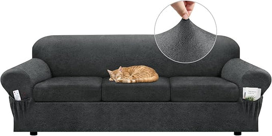 Sofa Slipcover with Armrest Pockets 4-Piece Set, Stretch Faux Leather Extra Large Couch Covers for 3-Cushion Couches(Fits 98-112") - Machine Washable, Pet & Kid Friendly - Gray