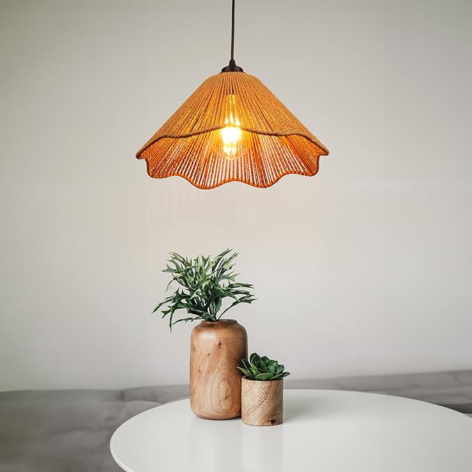 Plug in Pendant Light, Rattan Hanging Lights with Plug in Cord 13FT Hemp Black Cord, On/Off Switch Chandelier for Boho Living Room Bedroom Kitchen（Bulb Included） Brown-12 x 6 inch - 2 Pack