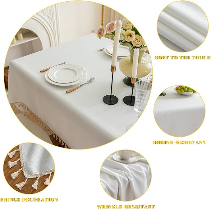 Heavy Duty Cotton Tablecloth Soft Wrinkle Resistant Fabric with Decorative Tassles Fringe for Kitchen Dining Table, Natural White, 55x70 Inch,1 Pack