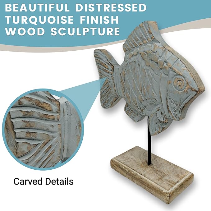 Farmhouse World Wooden Fish Sculpture Home Decor | Handmade Fish Statue on Base Stand Sea Nautical Beach House Decor Art Piece | Rustic Centerpiece Table Decor for Office, Living Room (Damsel Fish)
