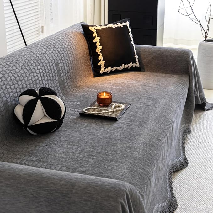 ROOMLIFE Gray Couch Cover Boho Sofa Covers for 3 Cushion Couch Washable, Furniture Protector Sofa Couch Cover for Dogs, Soft Chenille Sofa Slipcover, Couch Throw Blankets with Tassels 71 '' X 134''