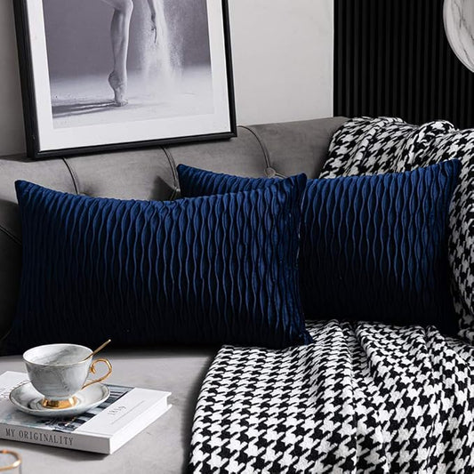 Navy Striped Couch Pillow Cases: 2 Pack 12x20 Inch Original Velvet Rectangular Throw Pillow Covers for Farmhouse Home Decor