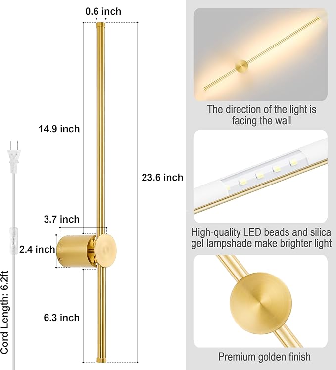 Wall Sconces Set of Two with Remote, Stepless Colors 3000K-6500K & Stepless Dimming, Hardwire or Plug-in, 180° Rotate, LED Gold Plug in Wall Sconces with Timer & Night Light, 23.6 Inches