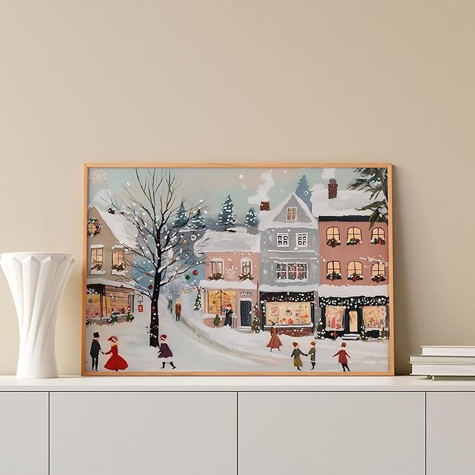 Vintage Christmas Village Art Print for Winter Home Decor, Snowy Holiday Town Scene Wall Art, Noel Design, Retro Seasonal Xmas Decoration, Cozy Winter Cottage Interior Artwork (Unframed) (9x11)