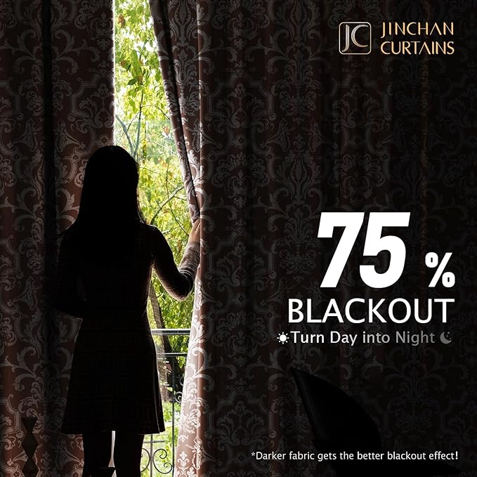 jinchan Room Darkening Curtains for Bedroom Brown Damask Patterned Curtains 84 Inch Length for Living Room Linen Textured Vintage Drapes Medallion Window Treatments Grommet Top 2 Panels Set
