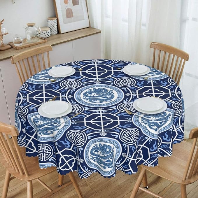 Chinoiserie Tablecloth Round, Traditional Zodiac Dragon Vintage Asian Style Oriental Luxury Water Resisitant Table Cover for Dining Kitchen Living Room Home Party Holiday Decor 60 inch Round