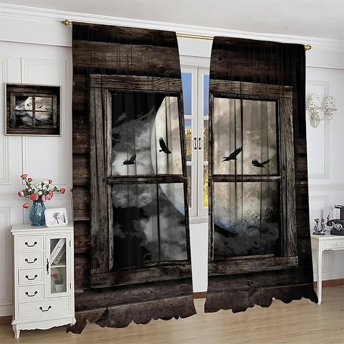 Gothic Halloween Blackout Window Curtains, Black Birds Crow Dark Print Window Drapes, for Home Kids Boys Bedroom Living Room 27.5(W)*63(L) 2 Panels