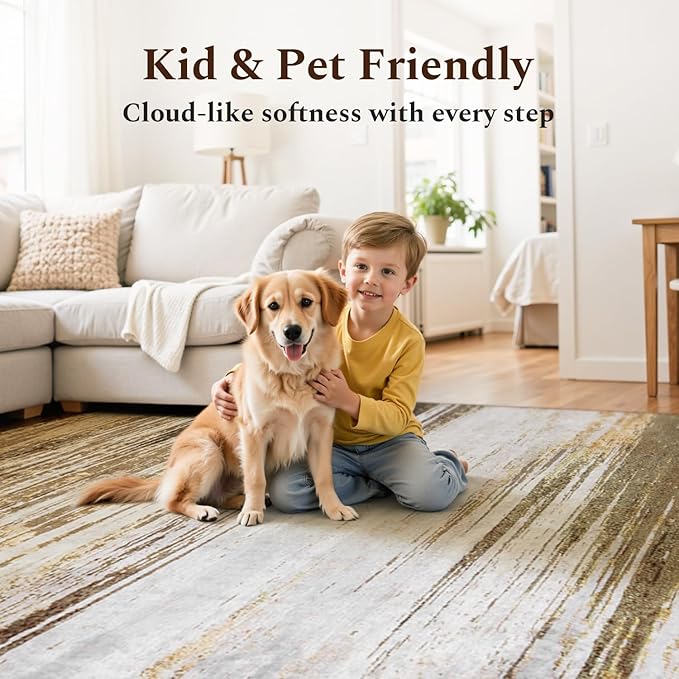 Rugflix 6x9 Area Rug, Washable Rug for Living Room, Non Slip, Soft Low Pile, Modern Abstract Gold Brown Rug for Bedroom, Dining Room, Home Office, Indoor Floor Carpet