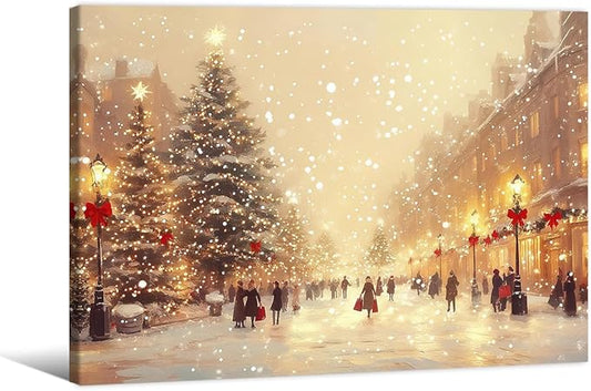 Winter Christmas Landscape Wall Art Fashion Snowscape Poster Vintage Cozy Scenic Canvas Prints 12x16 inch Framed for Living Room Office Wall Decor
