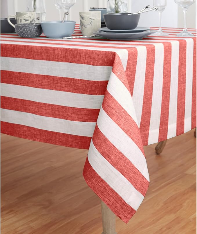 Solino Home Linen Tablecloth 60 x 108 Inch - Cabana Stripe 100% Pure Linen Red and White Table Cloth for Rectangle Tables - Machine Washable Tablecloth for Christmas, Holiday, Winter