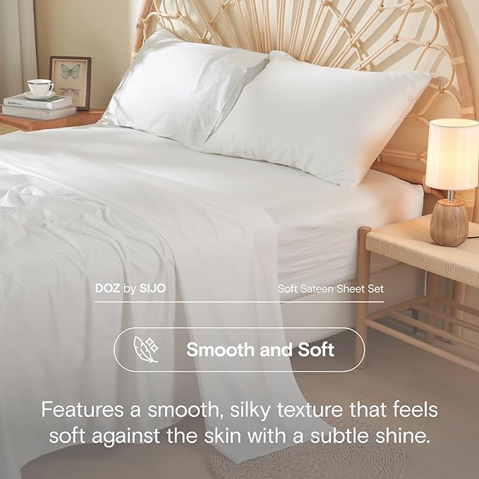 DOZ 100% Long Staple Cotton Duvet Cover Set, Soft Sateen Weave Cotton, Smooth, Breathable, Hotel Comfort, 90"x90", 8 Loops, 3pc – 2 Pillowcases 1 Duvet Cover (Snow, Full/Queen)