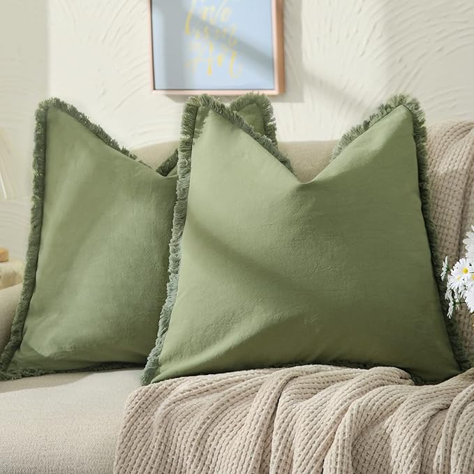 ZWJD Pillow Covers 22x22 Set of 2 Olive Green Throw Pillow Covers with Fringe Chic Cotton Decorative Pillows Square Cushion Covers for Sofa Couch Bed Living Room Farmhouse Boho Decor