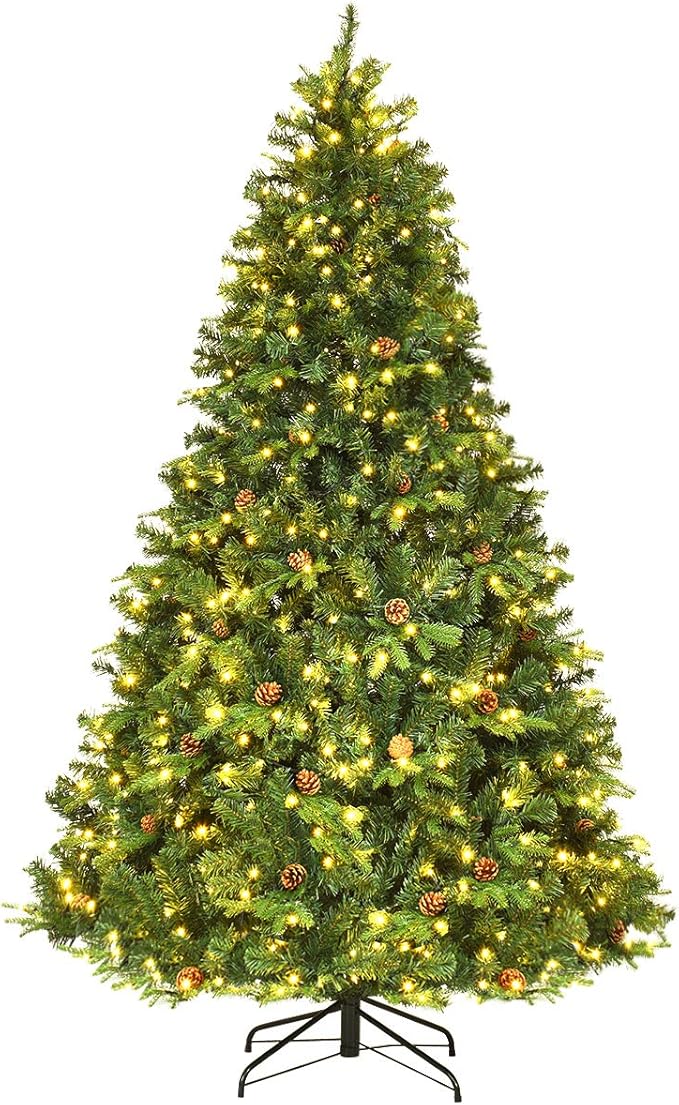 GOFLAME 7.5ft Artificial Pre-lit Christmas Tree with Warm White LED Lights and Pine Cones, Home Holiday Décor, Hinged, 1125 Branches for Indoor Decoration, Easy Setup