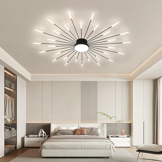 JAYMP Ceiling Light Modern Flower Shape Ceiling Lamp for Living Room Dining Room Flush Mount Metal Acrylic Sputnik Firework Petal LED Lighting Fixture (Matte Black, 30+1 Lights)