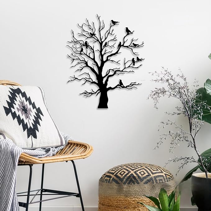 LIYOUYA Tree Bird Metal Wall Decor - Rustic Farmhouse Room Decor Simple Black Wall Art Home Decor for Living Room, Bedroom, Dining Room, Courtyard (Black)