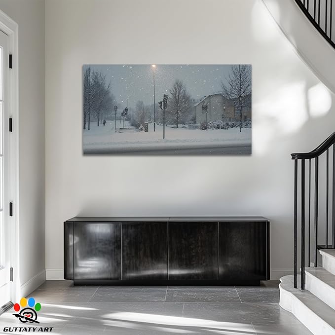 GUTTATY Christmas Winter Scene Canvas Wall Art, Snowy Street Canvas Prints, Tranquil Outdoor Winter Pictures Wall Decor, Seasonal Hanging Artwork for Living Room, Bedroom, Office, 32x16 Inch