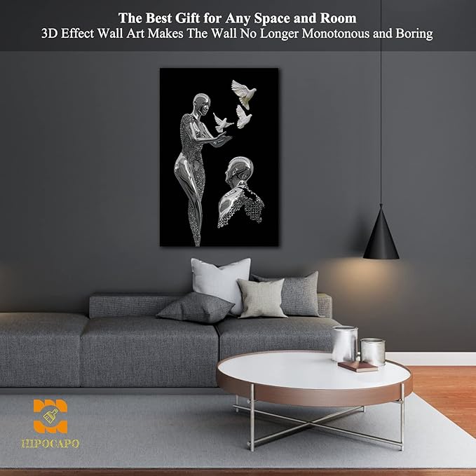 HIPOCAPO 3D Metal Effect Wall Art - Canvas Art, Decor for Living Room, Framed Romantic Couple Put Pigeons pictures bedroom 24”x36”x1Pcs 3d Art-24