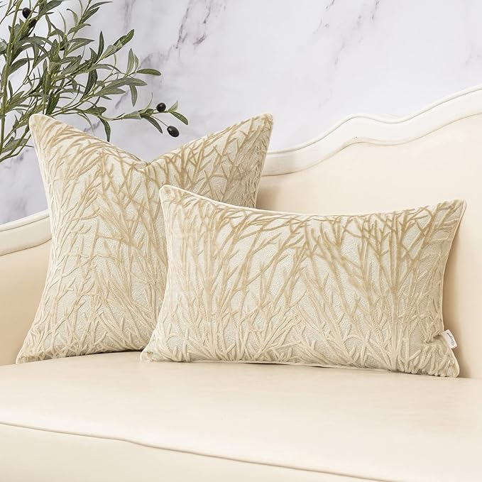 Yangest Beige Twigs Throw Pillow Cover Branches Velvet Cushion Case Neutral Pillowcase for Sofa Couch Bedroom Living Room Home Decor,18x18 Inch