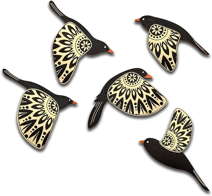 Vumyhuby 5 Pcs Black Wooden Bird Wall Art | Rustic Folk Art Wall Decor for Indoor Use | Handcrafted Wood Flying Birds Wall Hangings for Living Room, Bedroom, Kitchen, Office | Scandinavian Home Decor Gift