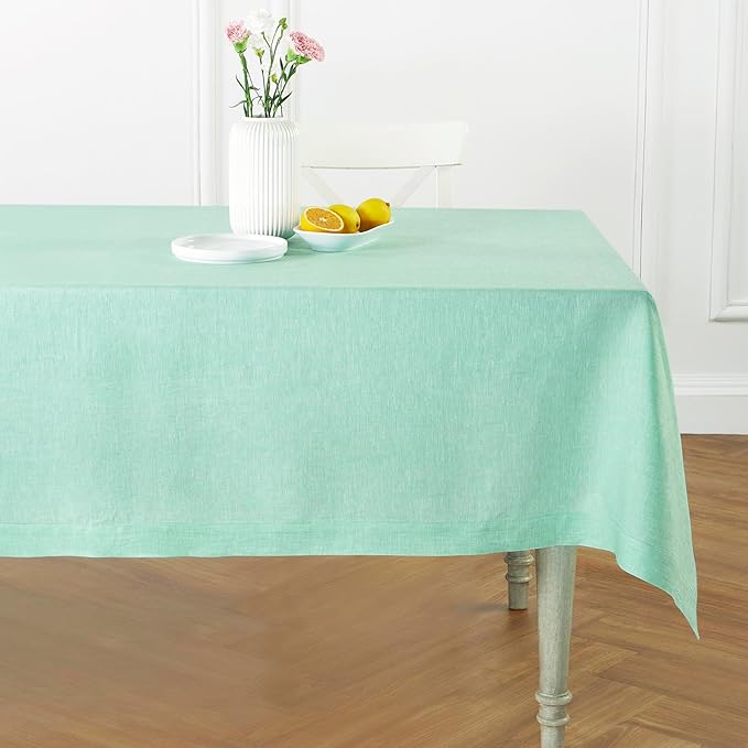 Solino Home Linen Tablecloth 60 x 120 Inch - 100% Pure Linen Chambray Aqua Table Cloth for Rectangle Tables - Athena, Machine Washable Tablecloth for Thanksgiving
